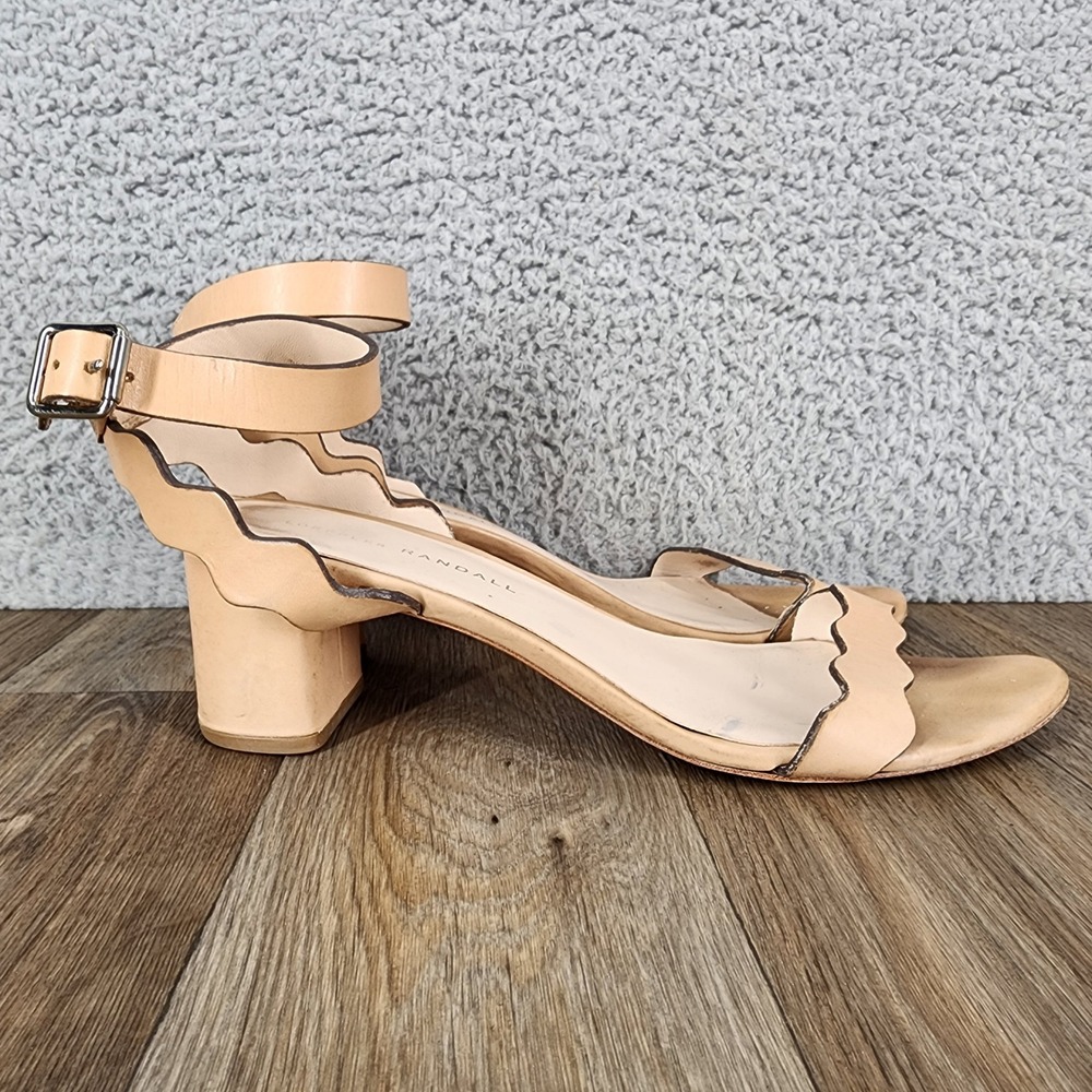Loeffler Randall Emi Nude Tan Scalloped Leather Block Heel Sandals Size 7.5B